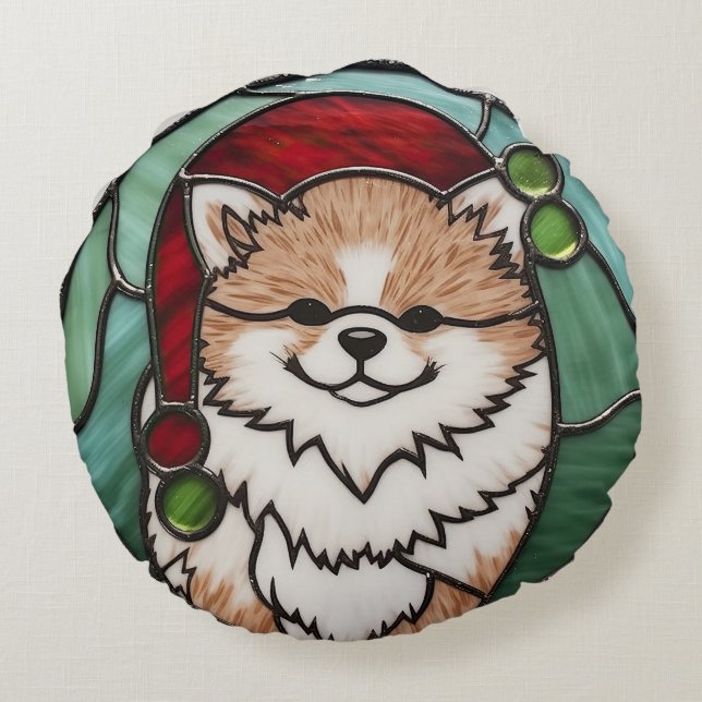 Pomeranian Glasmosaik Jul Rund Kudde (Baksidan)