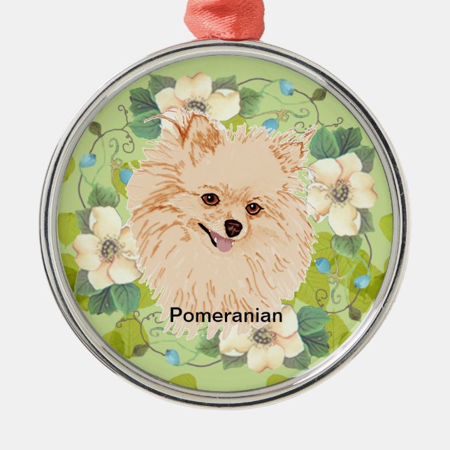 Pomeranian - grön lövdesign julgransprydnad metall (Framsidan)