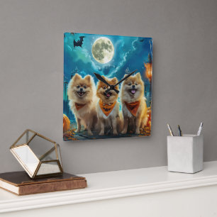 Pomeranian Halloween Kuslig Fyrkantig Klocka