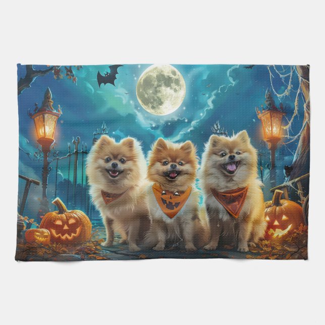Pomeranian Halloween Kuslig Kökshandduk (Horisontell)