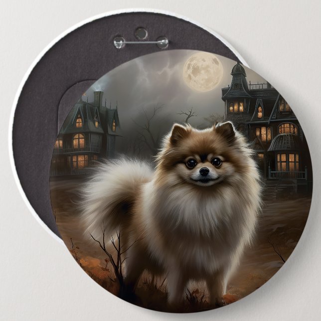 Pomeranian Halloween Skräckinjagande Knapp (Framsida & baksida)