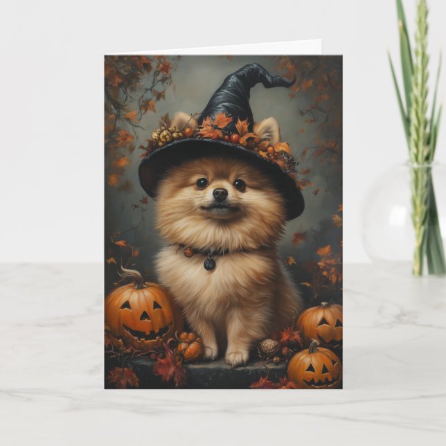 Pomeranian Häxa Halloween Helgkort (Framsida)