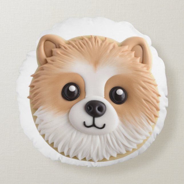 Pomeranian Hund 3D Inspirerad Rund Kudde (Framsidan)
