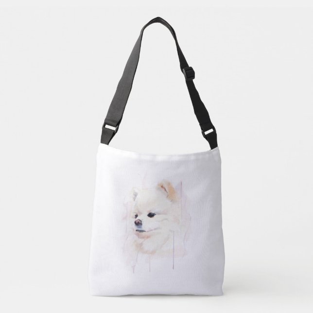 Pomeranian Hund Akvarell Målning Söt Axelväska (Framsida)