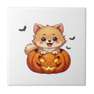 Pomeranian hund Glad Halloween pumpa Klassisk T-Sk Kakelplatta