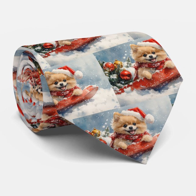 Pomeranian Hund i Släd Låt det Snöa Jul Slips (Rullad)