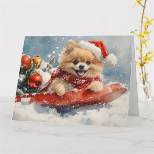 Pomeranian hund i släde Låt det snöa jul Kort