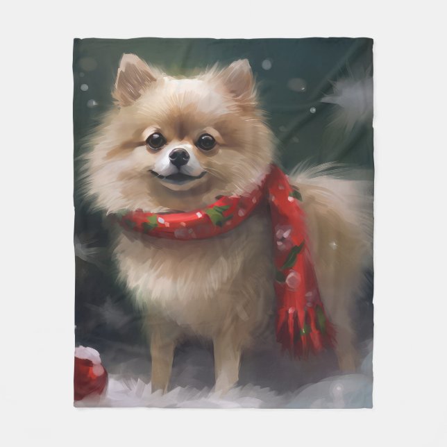 Pomeranian Hund i Snö Jul Fleecefilt (Framsidan)