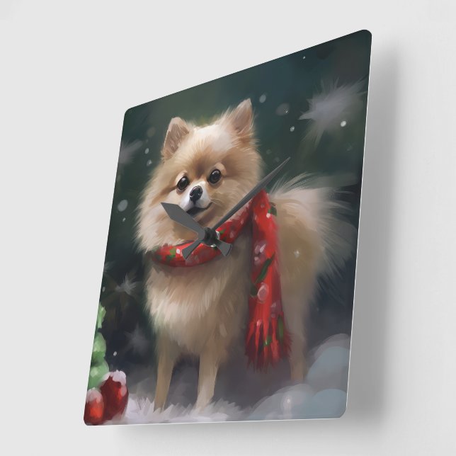 Pomeranian hund i snö jul fyrkantig klocka (Vinkel)