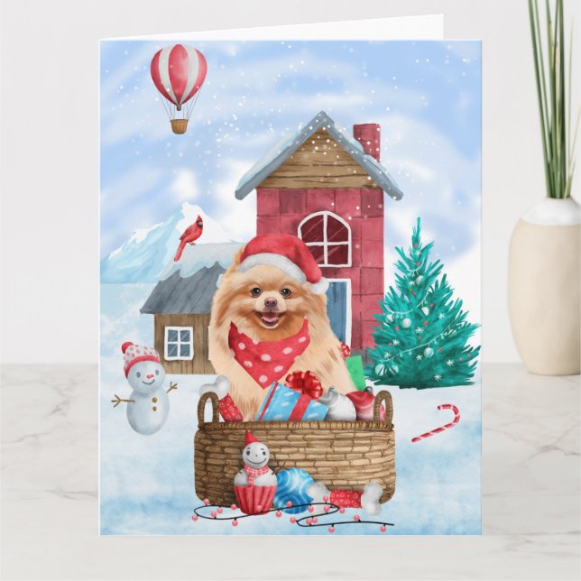 Pomeranian hund i snö jul hund hus kort (Framsida)