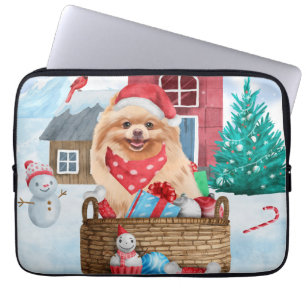 Pomeranian hund i snö jul hund hus laptop fodral