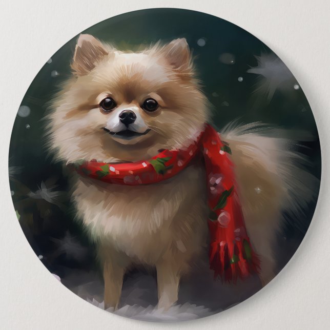 Pomeranian hund i snö jul knapp (Framsida)