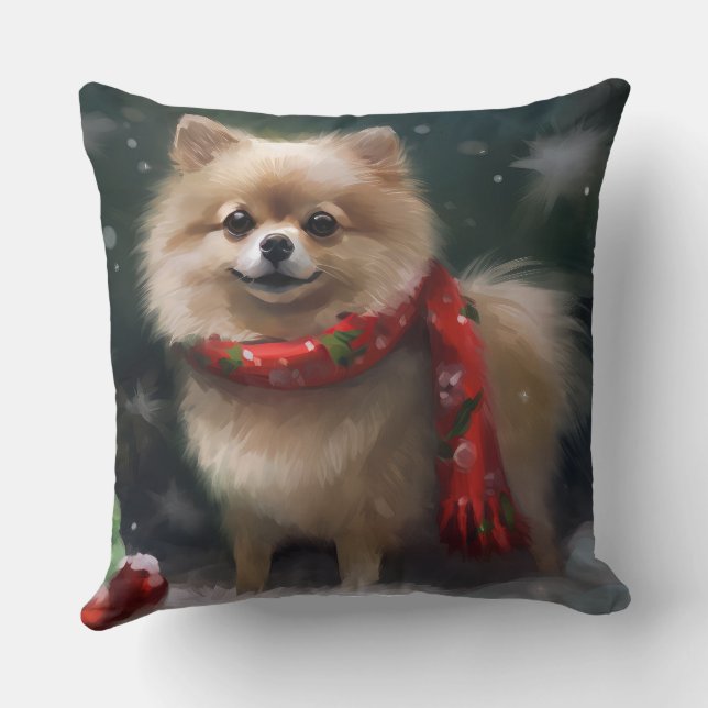 Pomeranian hund i snö jul kudde (Baksida)