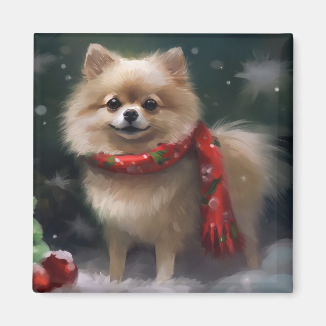 Pomeranian Hund i Snö Jul Magnet (Framsidan)