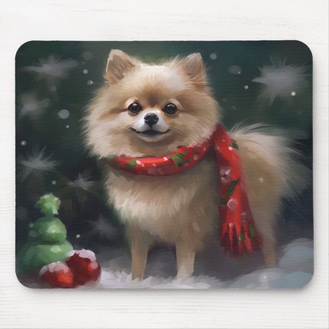 Pomeranian hund i snö jul musmatta (Framsidan)
