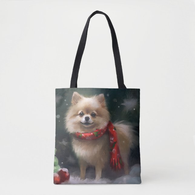 Pomeranian hund i snö jul tygkasse (Framsida)