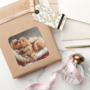 Pomeranian Hund Jul Festivitet Fyrkantigt Klistermärke