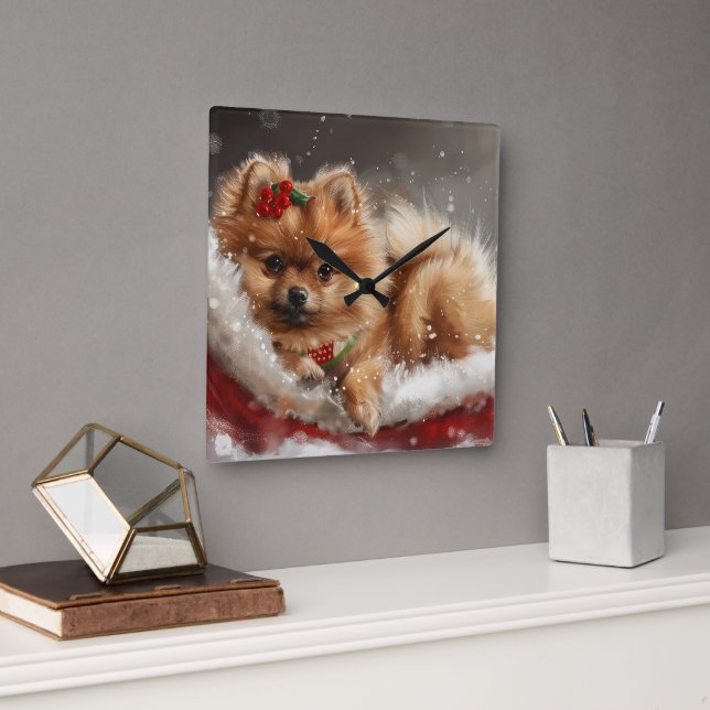 Pomeranian Hund Jul Festlig Fyrkantig Klocka (Kontor)