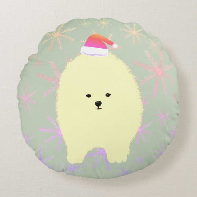 Pomeranian hund jul kastkudde rund kudde (Framsidan)