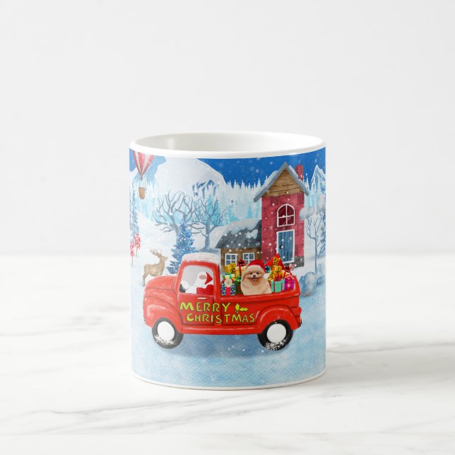 Pomeranian Hund Jul Leverans Lastbil Snö Kaffemugg (Center)