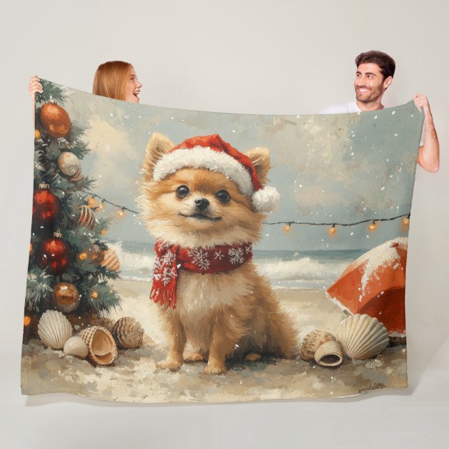 Pomeranian Hund Jul Vintage Strand Fleecefilt (På plats)
