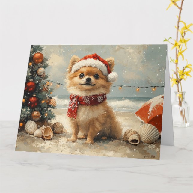 Pomeranian Hund Jul Vintage Strand Kort (Gul blomma)
