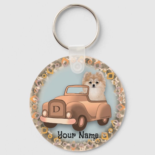 Pomeranian Hund Kör Bil Nyckelring (Framsida)