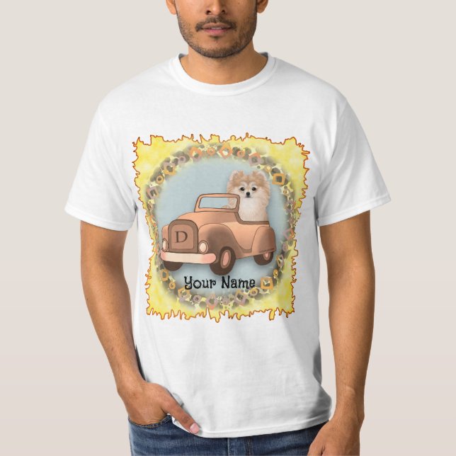 Pomeranian Hund Kör Bil T Shirt (Framsida)