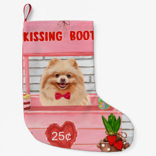 Pomeranian hund kyssar stå på Alla hjärtans dag Liten Julstrumpa
