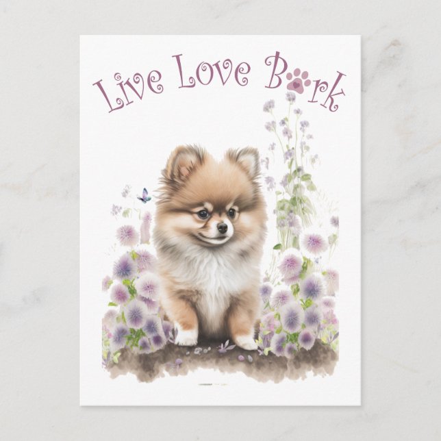 Pomeranian Hund Mamma Blommig Vykort (Framsida)