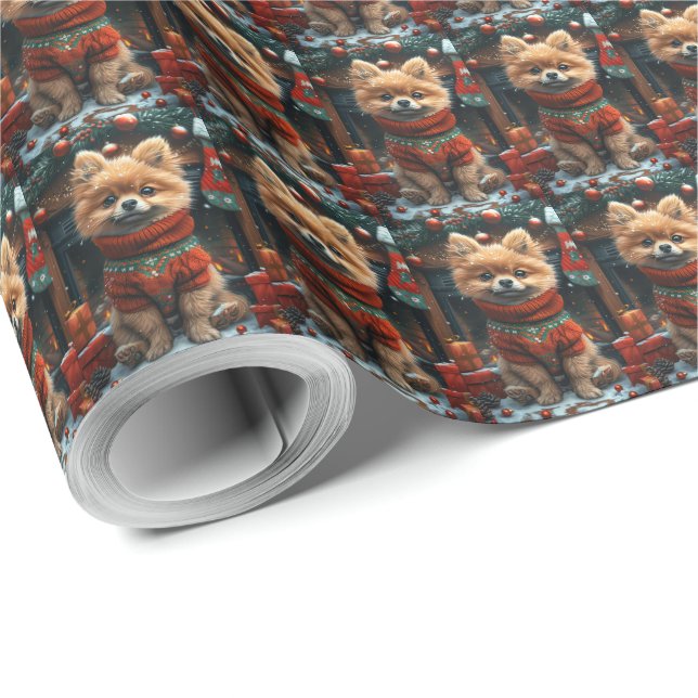 Pomeranian Hund Med Julpresenter Öppen Spis Presentpapper (Rulle Hörn)