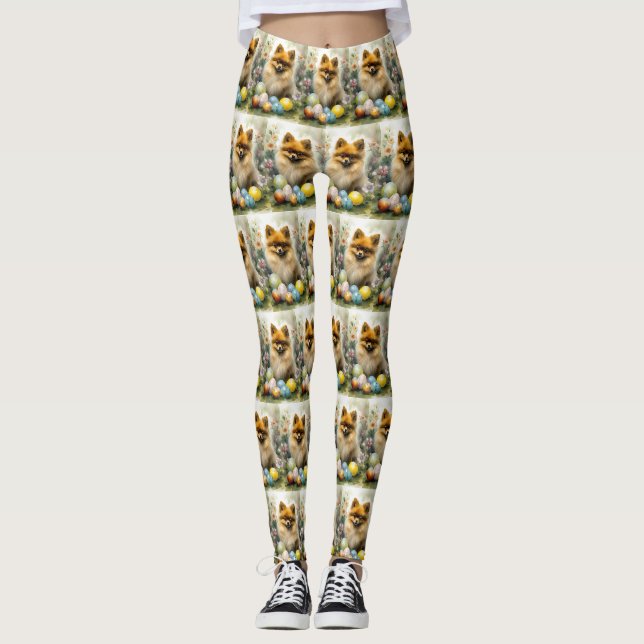 Pomeranian Hund med påskägg Semester  Leggings (Framsida)