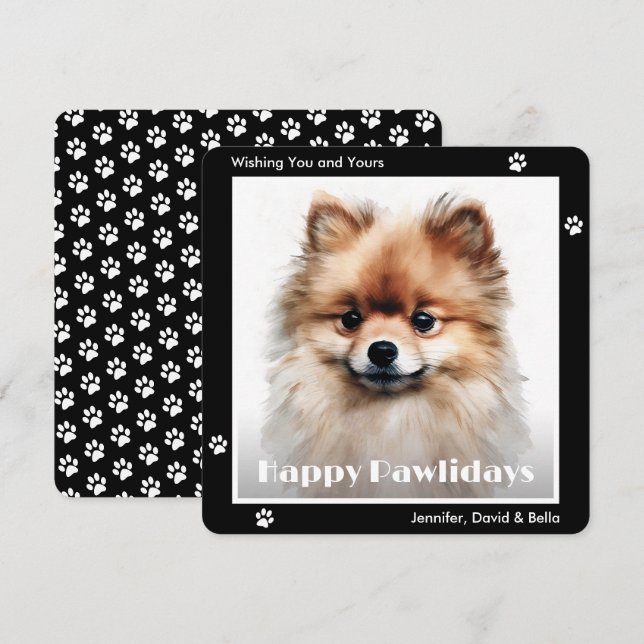Pomeranian Hund Svart Akvarell Jul Julkort (Fram/baksida)