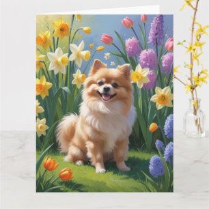 Pomeranian Hund Vårblommor Målning Kort