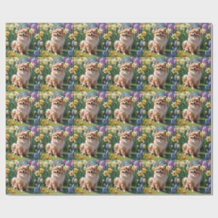 Pomeranian Hund Vårblommor Målning Presentpapper
