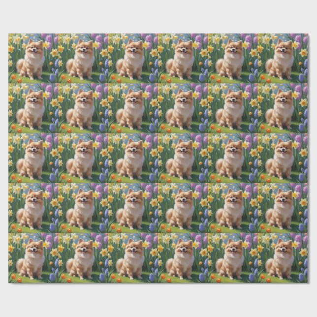 Pomeranian Hund Vårblommor Målning  Presentpapper (Platt)
