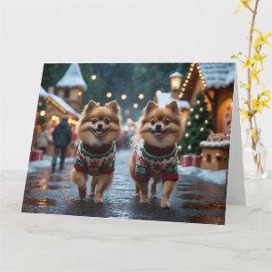 Pomeranian Hundar Jul Snö Högtid Kort