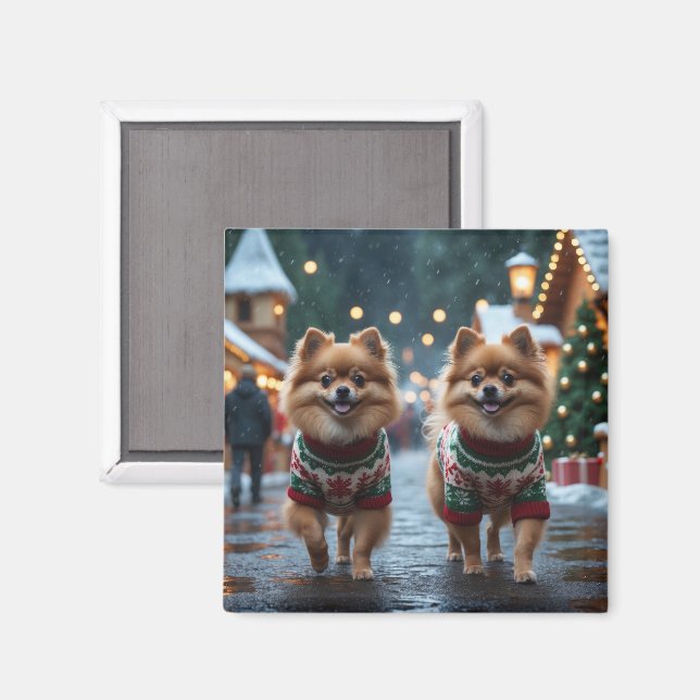 Pomeranian Hundar Jul Snö Semester  Magnet (Front/Back)