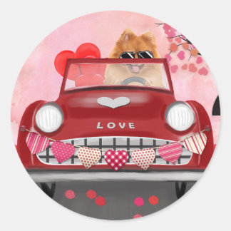 Pomeranian hundbil med hjärtan Alla hjärtans dag  Runt Klistermärke