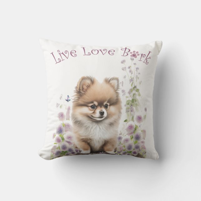 Pomeranian Hundmamma Blommig Kudde (Framsida)