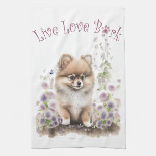 Pomeranian hundmamma blomstermotiv kökshandduk