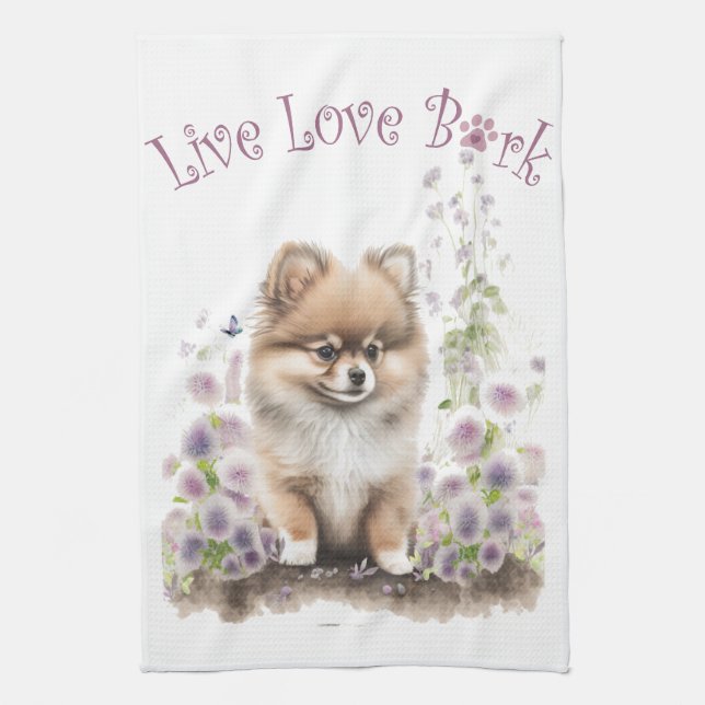 Pomeranian hundmamma blomstermotiv kökshandduk (Vertikal)