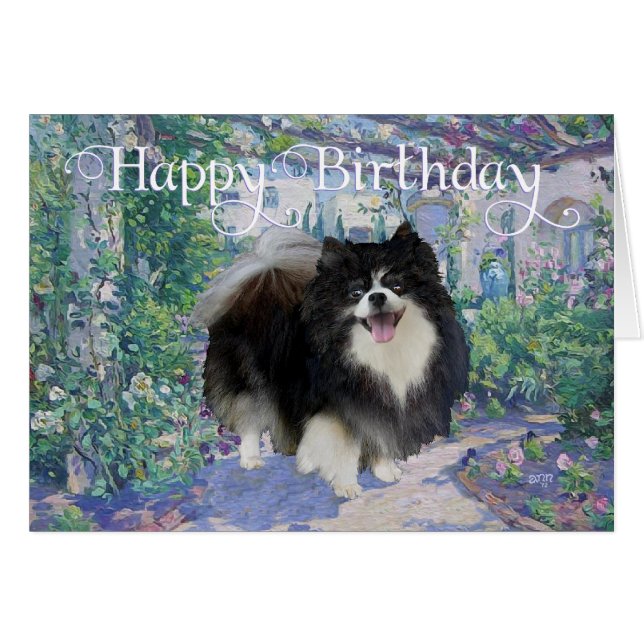 Pomeranian i blomsterträdgård hälsningskort (Framsidan Horizontal)