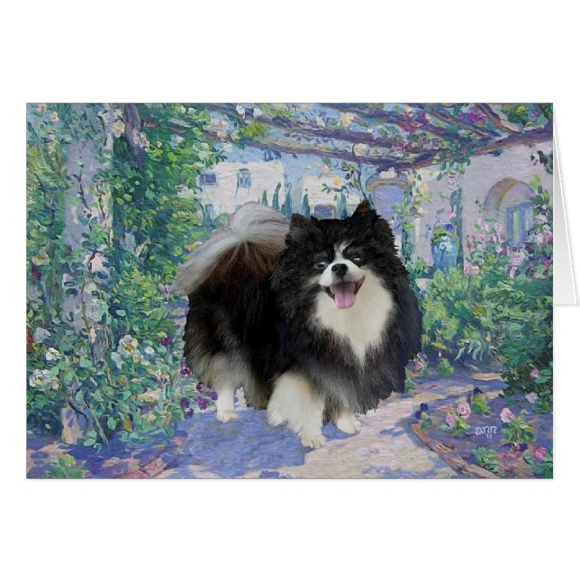 Pomeranian i blomsterträdgård hälsningskort (Framsidan Horizontal)