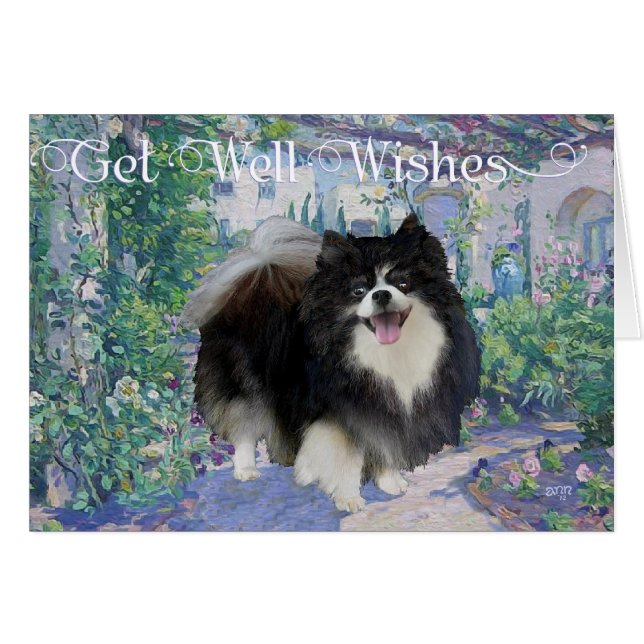 Pomeranian i blomsterträdgård hälsningskort (Framsidan Horizontal)