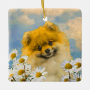 Pomeranian i daisy som målar - original- hundkonst julgransprydnad keramik
