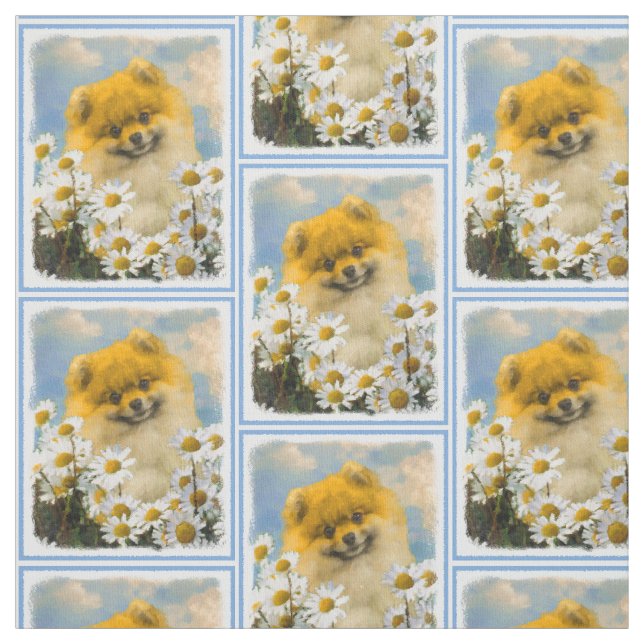 Pomeranian i daisy som målar - original- hundkonst tyg (Provkarta)