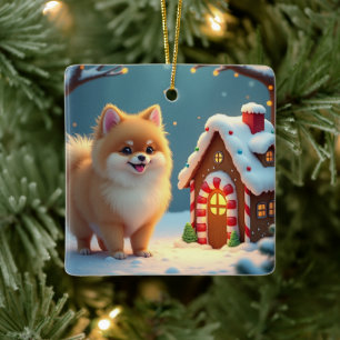 Pomeranian i Gingerbread Village jul Julgransprydnad Keramik