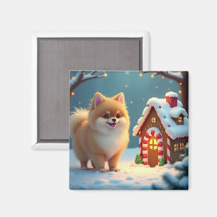 Pomeranian i Gingerbread Village jul Magnet