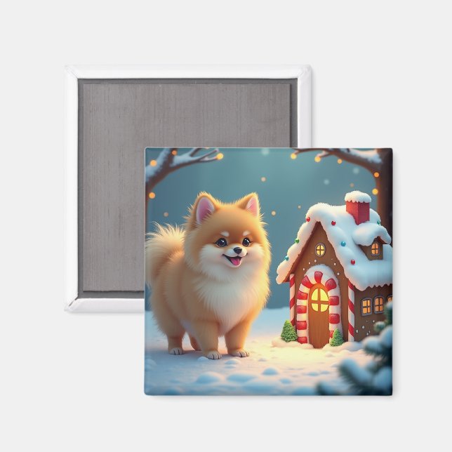 Pomeranian i Gingerbread Village jul Magnet (Front/Back)
